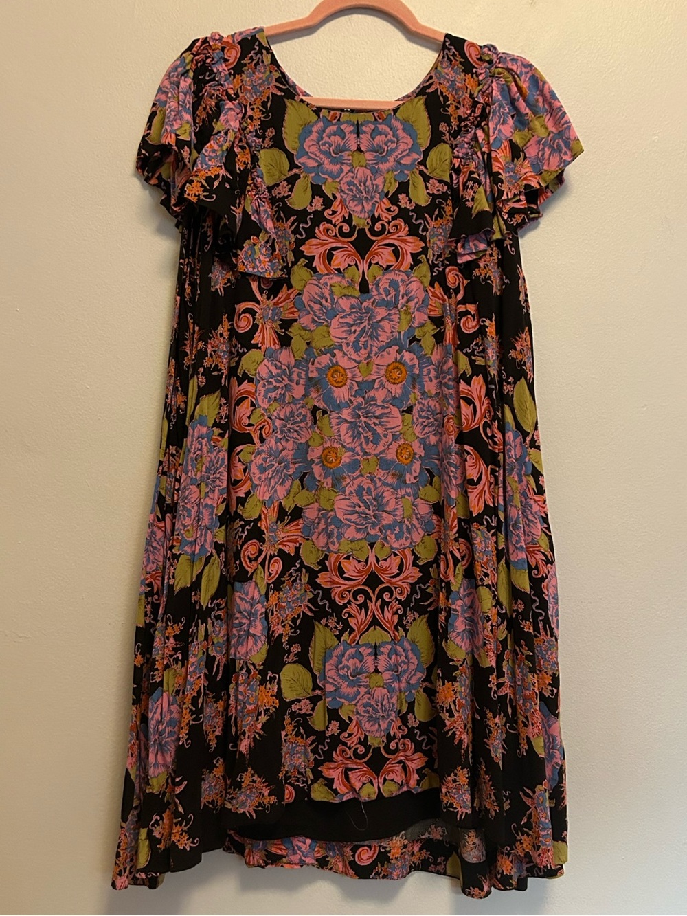 Free People Black Mini Dress with Pink and Green Floral Print - Picture 2 of 6